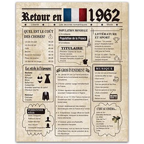 PAOSOD Retour en 1962 Affiche d'anniversaire - Décorations du 60e anniversaire pour femmes ou hommes - Grands cadeaux pour une femme de 60 ans ou un cadeau pour un homme de 60 ans, 1962