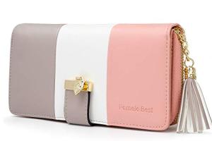 Portefeuille Femme Cuir Porte Monnaie Porte-chéquiers Porte-Cartes pour 11 Cartes, Gris Blanc Rose