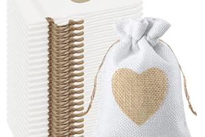 VEGCOO 24Pcs Motif de Coeur Sachets en Toile de Jute Pochettes 10*14CM,pour Bijoux Boite Dragees Mariage pour Bonbons Adeaux Cadeau Baptême Anniversaire Noël Petit (Blanche)