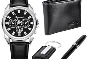 Souarts Ensemble Coffret Cadeau Montre Porte-Monnaie Stylo Porte-clés pour Homme Noir en Alliage