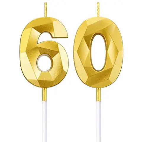 BBTO Bougies de Numéro de 60e Anniversaire 3D Bougies de Gâteau en Forme de Diamant Décoration de Gâteau Topper de Numéro 60 pour Anniversaire Mariage Célébration Fournitures, Or